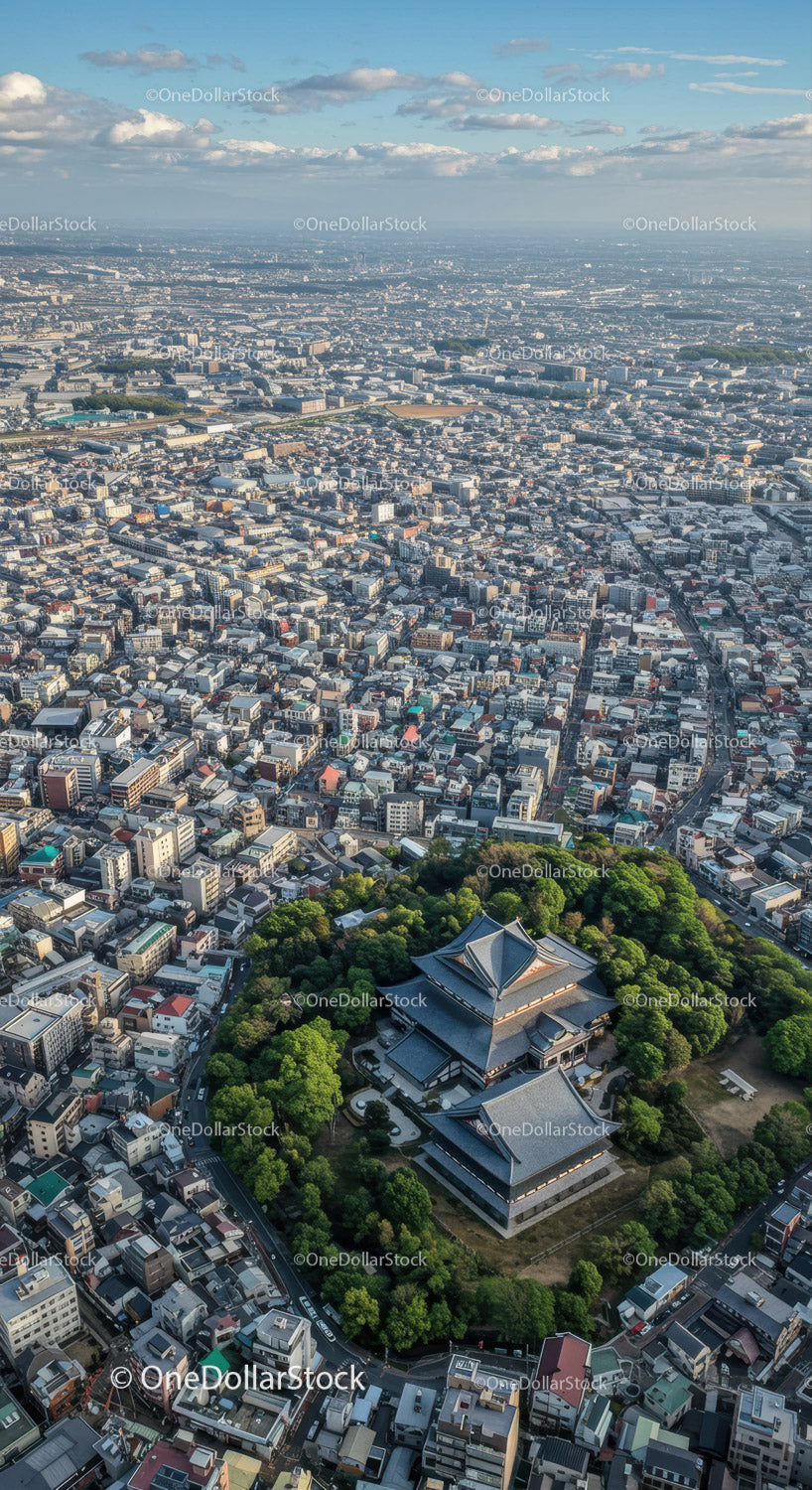 Aerial View of Traditional Temple Amid Modern Cityscape