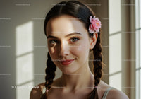 Young Woman with Braided Hair and Pink Flower Accessory