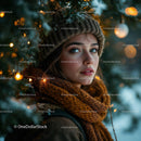 Young woman wearing warm scarf and hat in winter forest