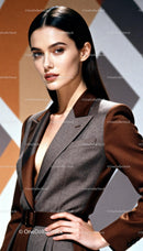 Elegant woman in tailored brown and gray blazer posing confidently