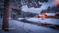 Snow-Covered Cabin Village Along Quiet Winter River