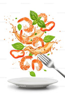 Fresh Shrimp Salad Ingredients Splashing Over Plate