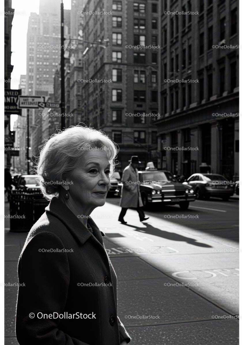 Elderly Woman in Busy City Street Surrounded by Vintage Cars