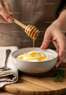 Close-up of Honey Drizzling Over Yogurt in a White Bowl on Wooden Table