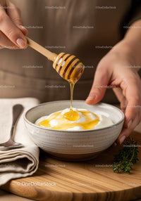 Close-up of Honey Drizzling Over Yogurt in a White Bowl on Wooden Table