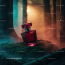 Luxury Red Perfume Bottle in Mystical Forest Scene