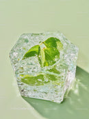 Fresh green leaves encased in a clear ice cube