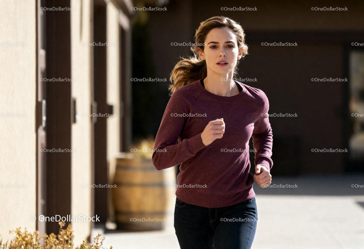 Focused woman jogging outdoors on a sunny day