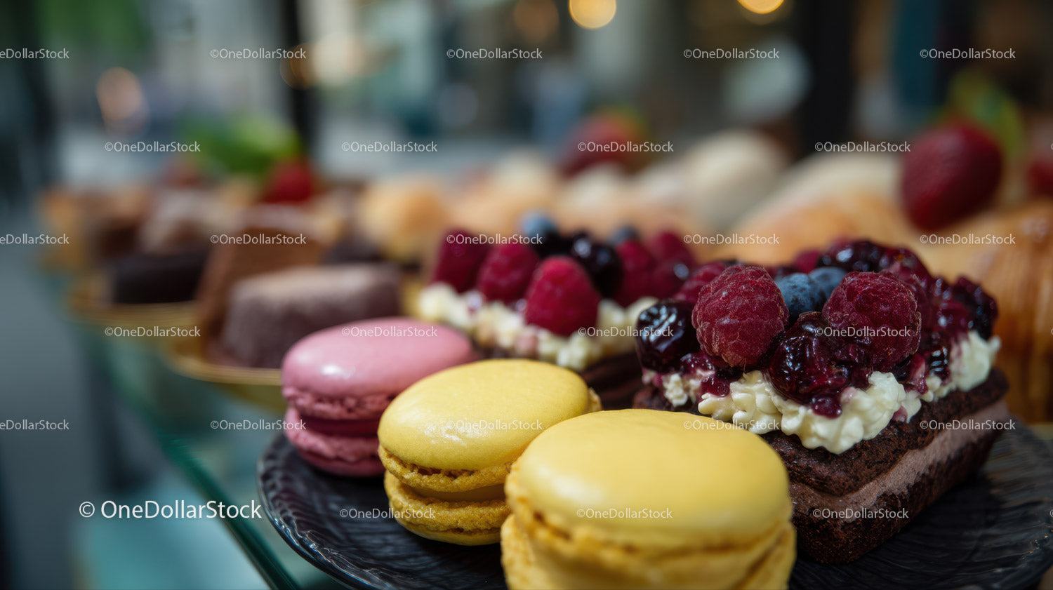 Colorful Assortment of Fresh Berries Macarons and Pastry Tarts