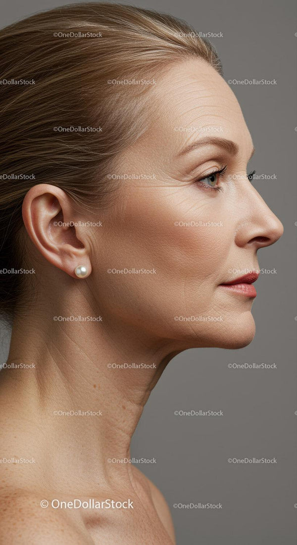 Elegancki Profil Dojrzałej Kobiety z Stylową Fryzurą i Perłową Kolczykiem