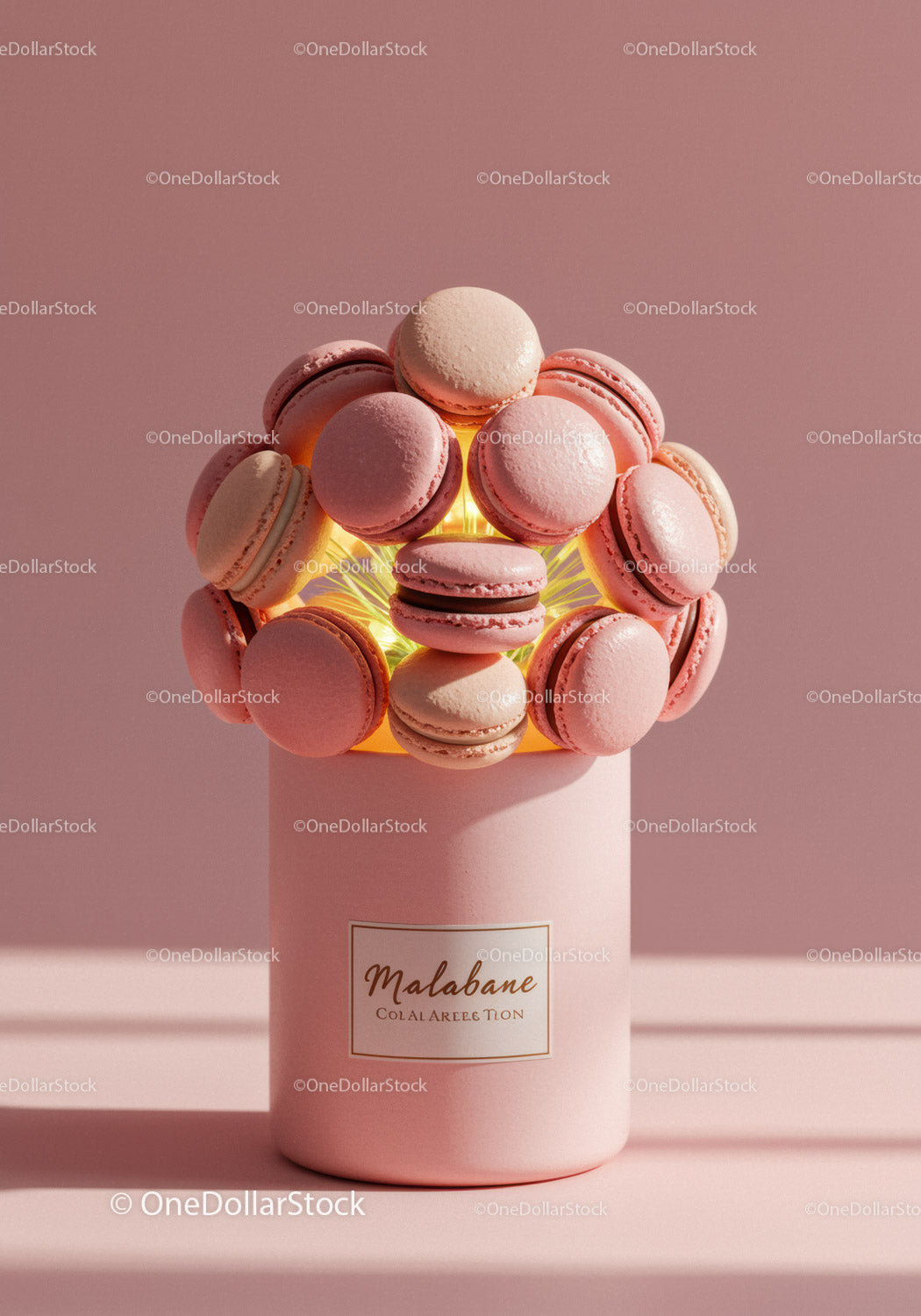 Delicate pink and beige macarons arranged on pastel vase
