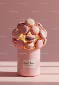 Delicate pink and beige macarons arranged on pastel vase