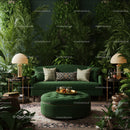 Cozy Living Room with Green Velvet Sofa and Lush Plants