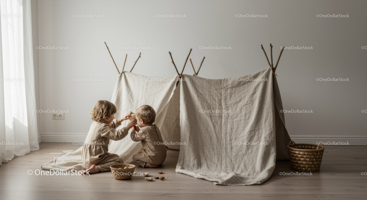 Two Young Kids Playing Inside Handmade Indoor Tent