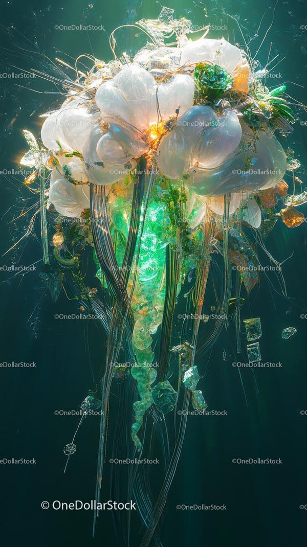 Bioluminescent Jellyfish with Glowing Tentacles in Deep Sea