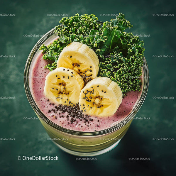 Banana Slices and Kale in Colorful Acai Smoothie Bowl