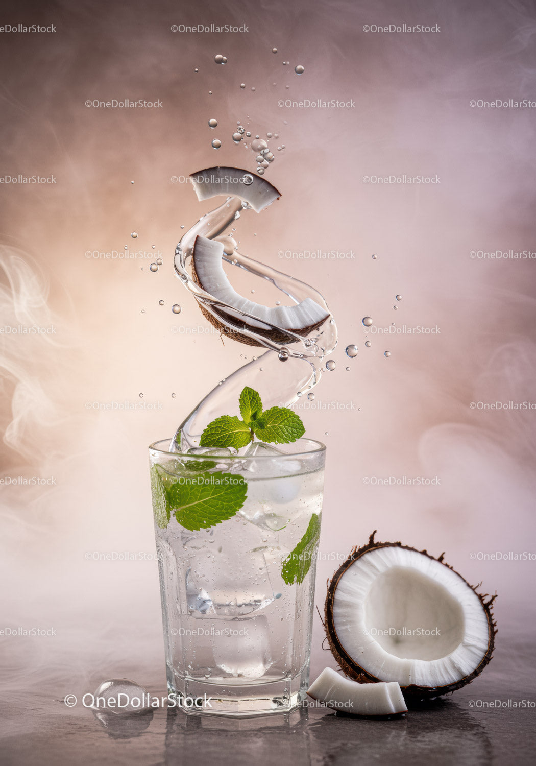 Refreshing coconut water drink with mint and ice cubes
