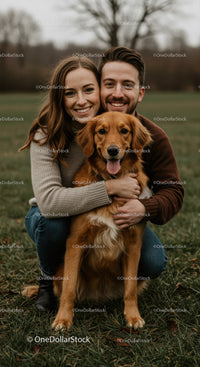 Happy couple hugging golden retriever outdoors