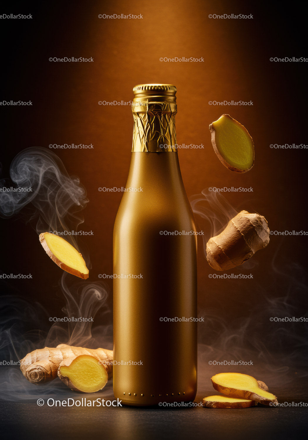 Golden Bottle with Fresh Ginger and Aromatic Steam
