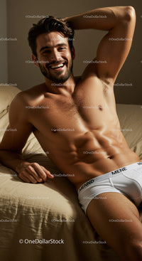 Smiling Athletic Man Relaxing on Bed in White Underwear