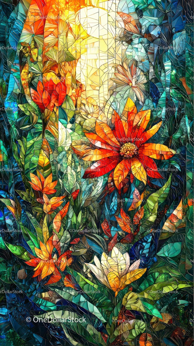Vibrant Floral Mosaic in Stained Glass Style with Bright Colors