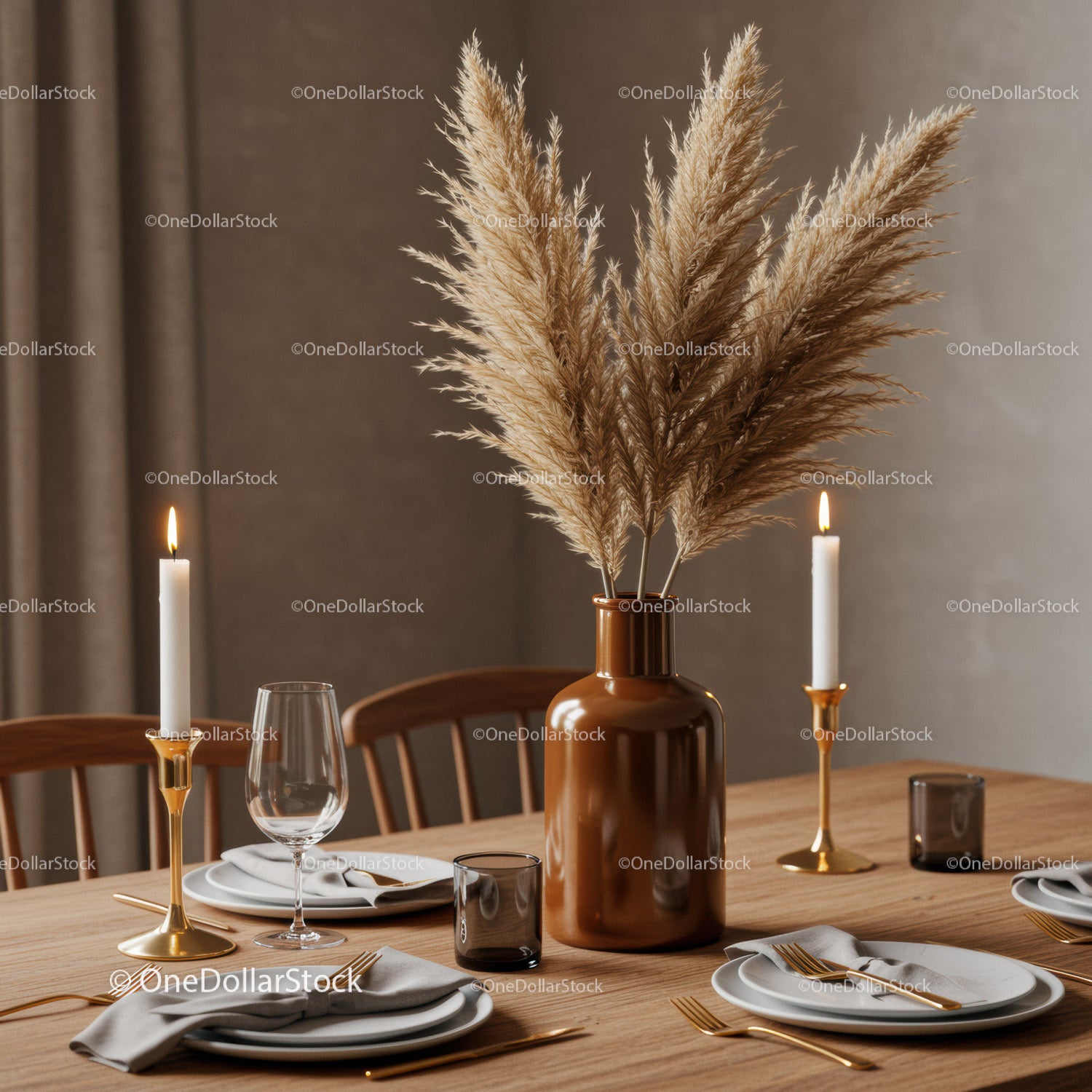 Elegant Dining Table with Pampas Grass and Candlelit Decor