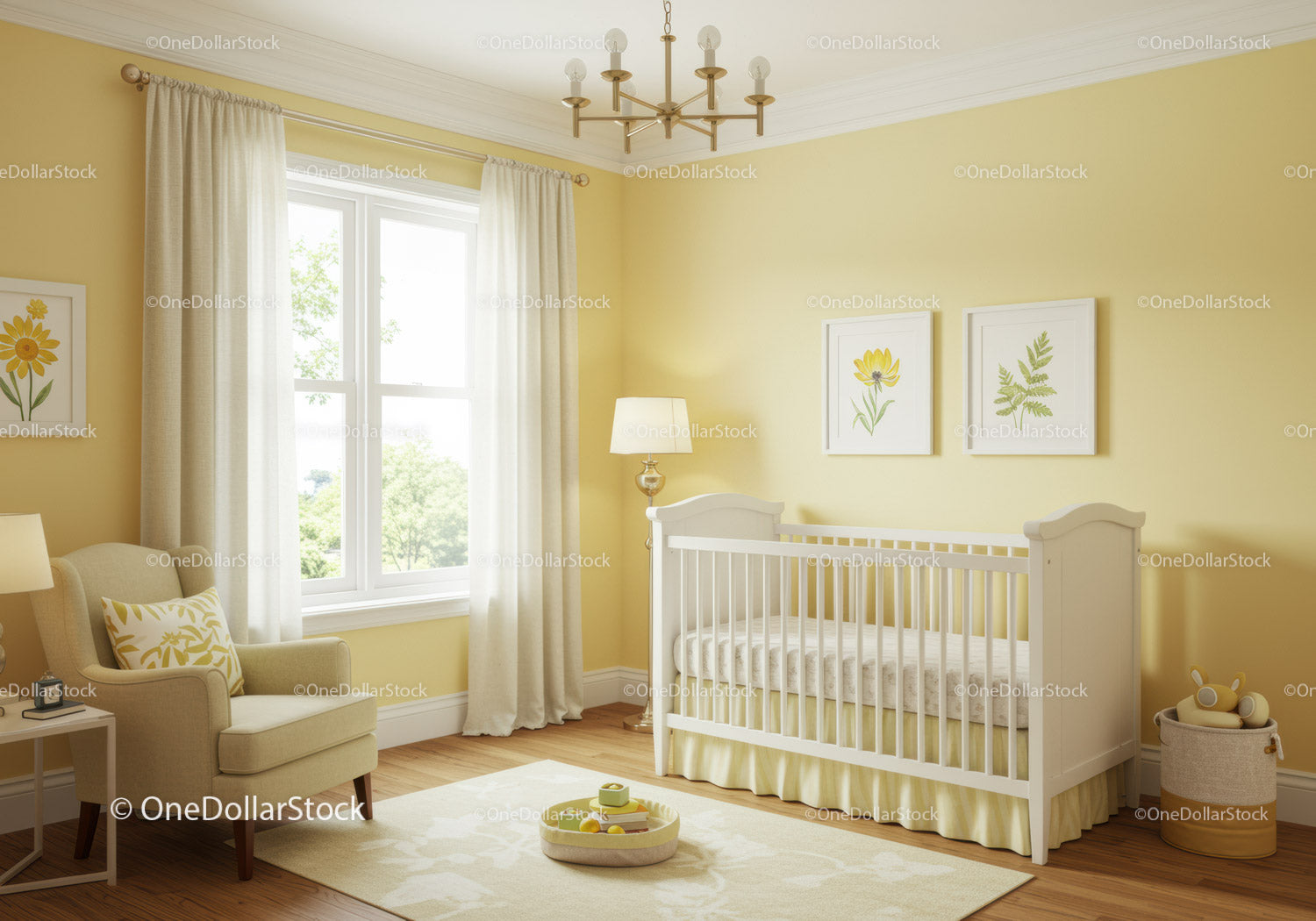 Bright Nursery Room with Baby Crib and Floral Wall Art