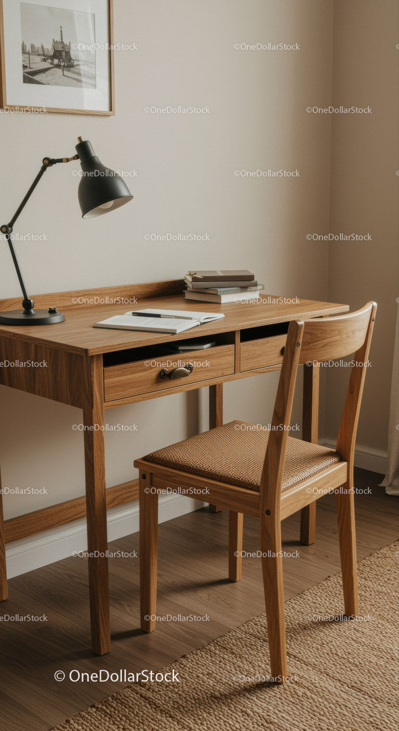 Cozy Wooden Desk with Chair and Workspace Accessories