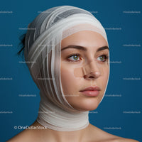 Woman with Bandages on Face Showing Skin Healing and Recovery
