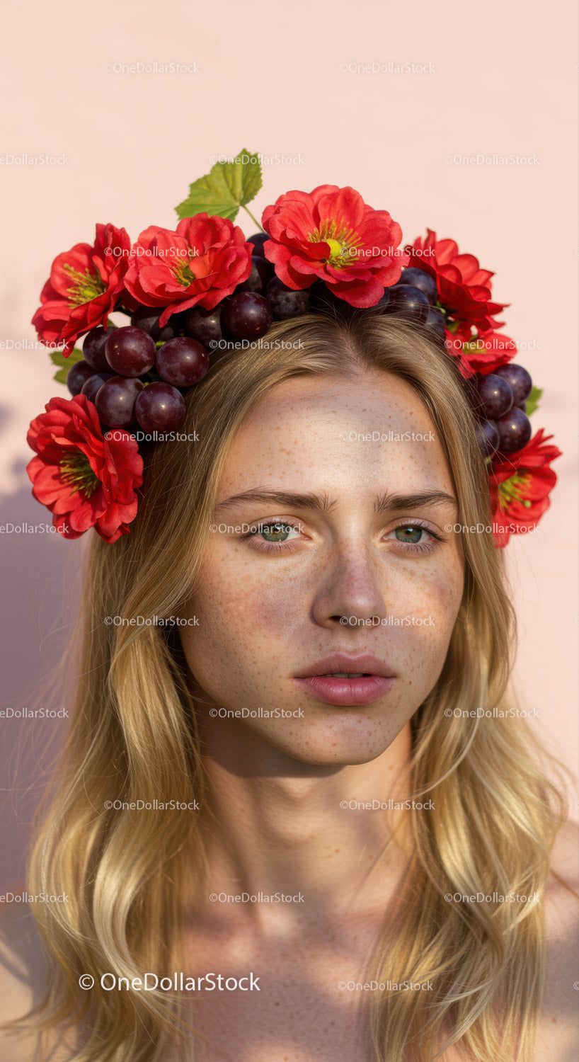 Beautiful Woman Wearing Floral Crown with Red Alstroemeria and Grape Flowers