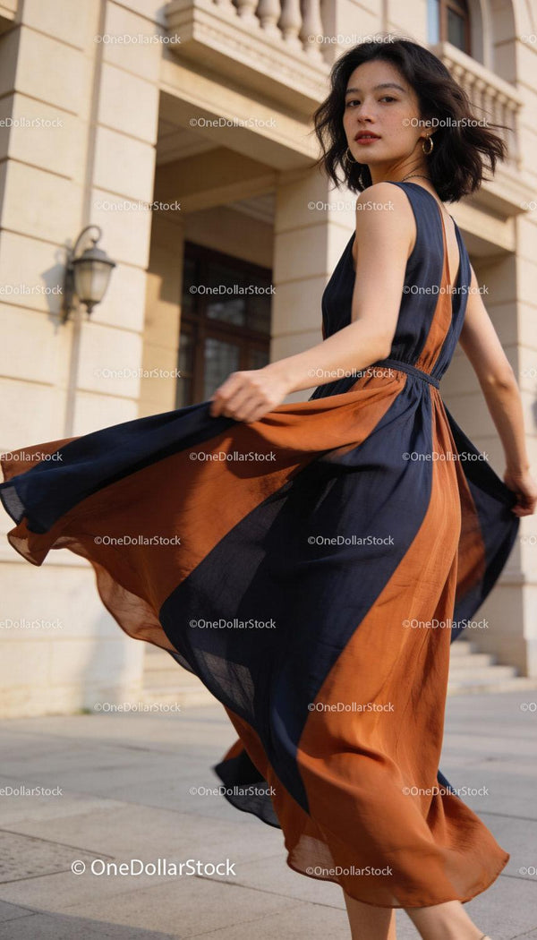 Elegant woman twirling in stylish color block dress
