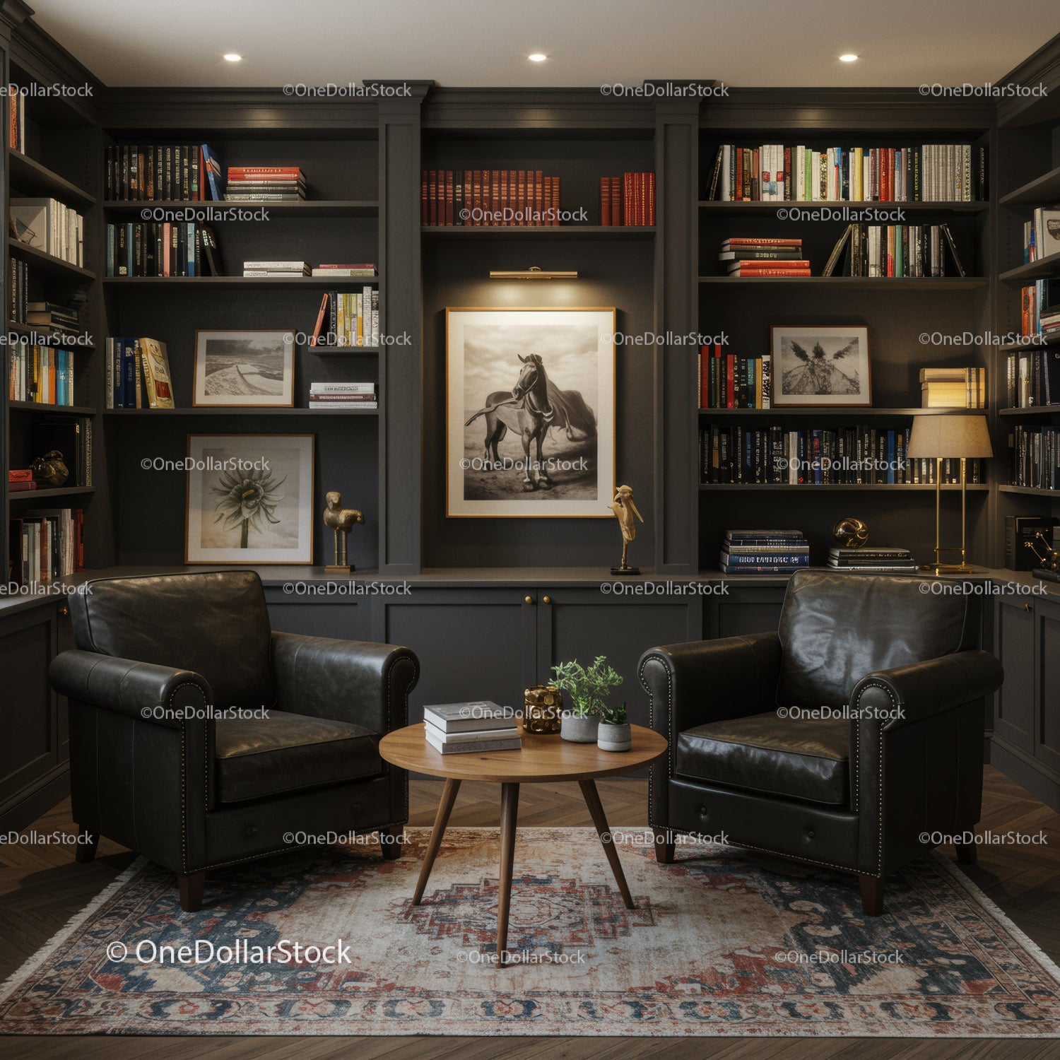 Cozy vintage reading nook with leather armchairs