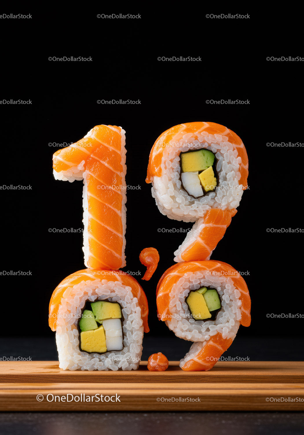 Numer 19 zrobiony ze świeżych rolek sushi na desce