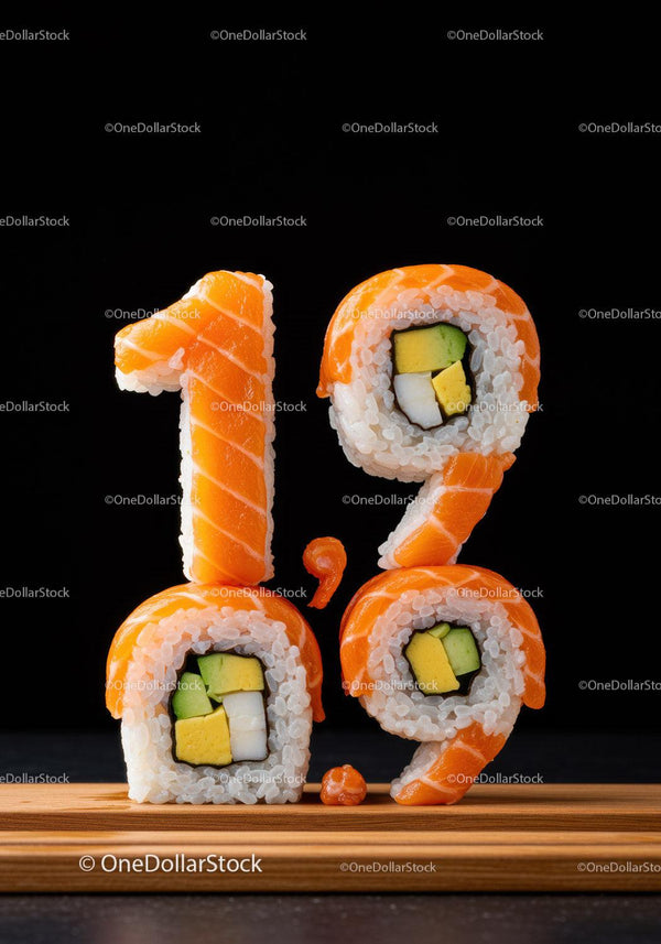 Number 19 made from fresh sushi rolls on wooden board