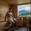 Relaxing Man in Wooden Sauna with Scenic Mountain View
