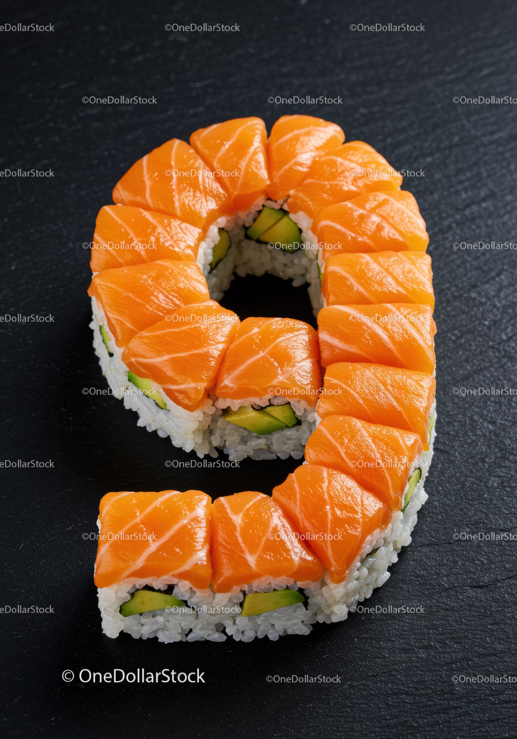 Sushi Roll Arranged in Number Nine Shape with Salmon