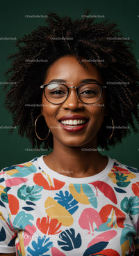 Vibrant Smiling Woman with Curly Hair and Colorful Fashion