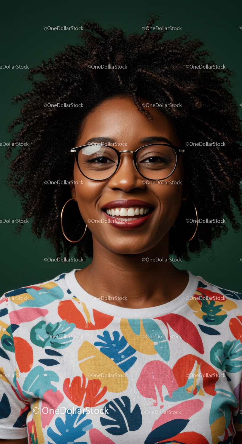 Vibrant Smiling Woman with Curly Hair and Colorful Fashion