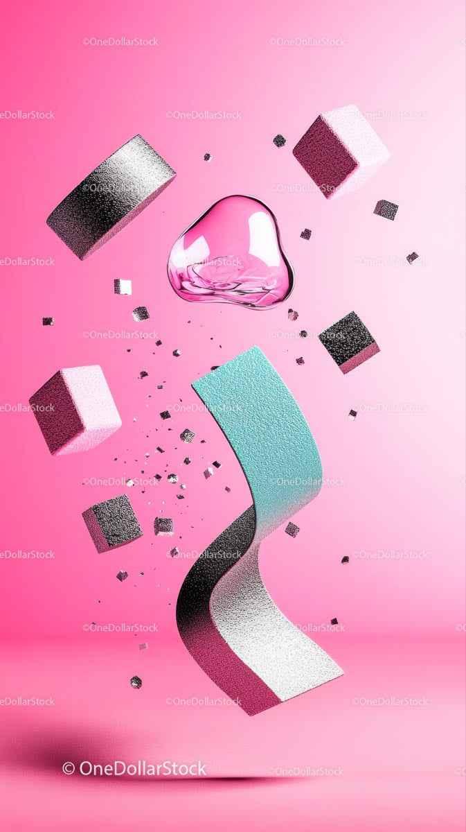Abstract Geometric Floating Shapes on Vibrant Pink Background
