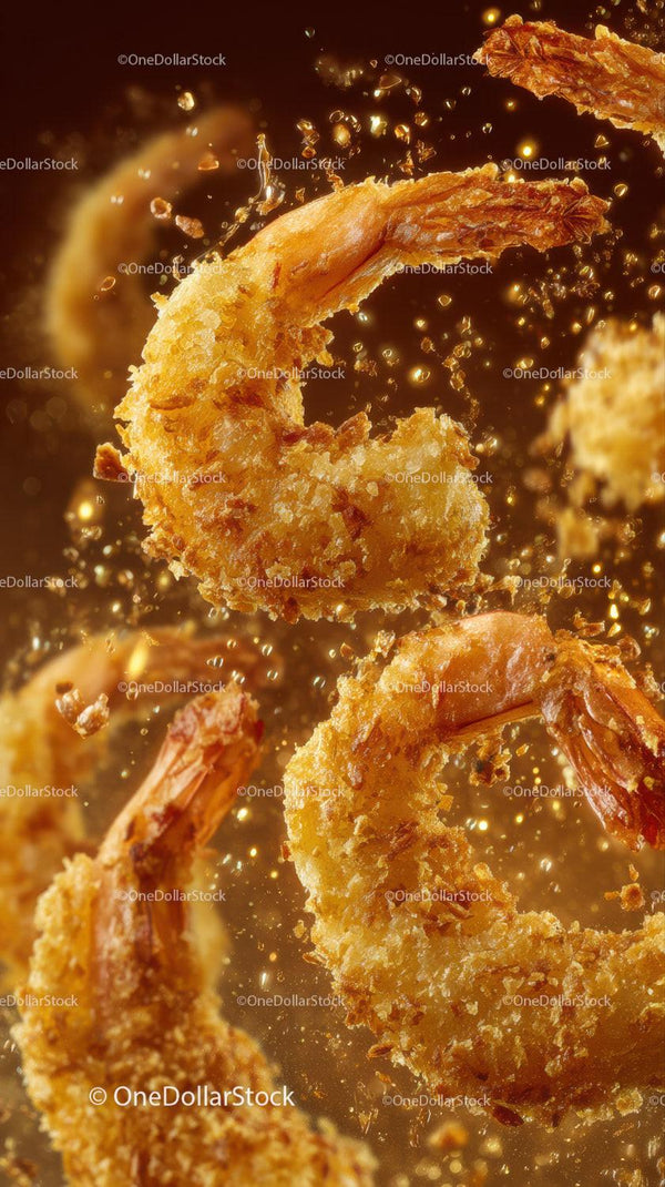 Crispy Fried Shrimp with Golden Breading in Hot Oil Studio Shot