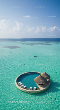 Overwater Infinity Pool with Thatched Roof Bungalows and Clear Turquoise Water