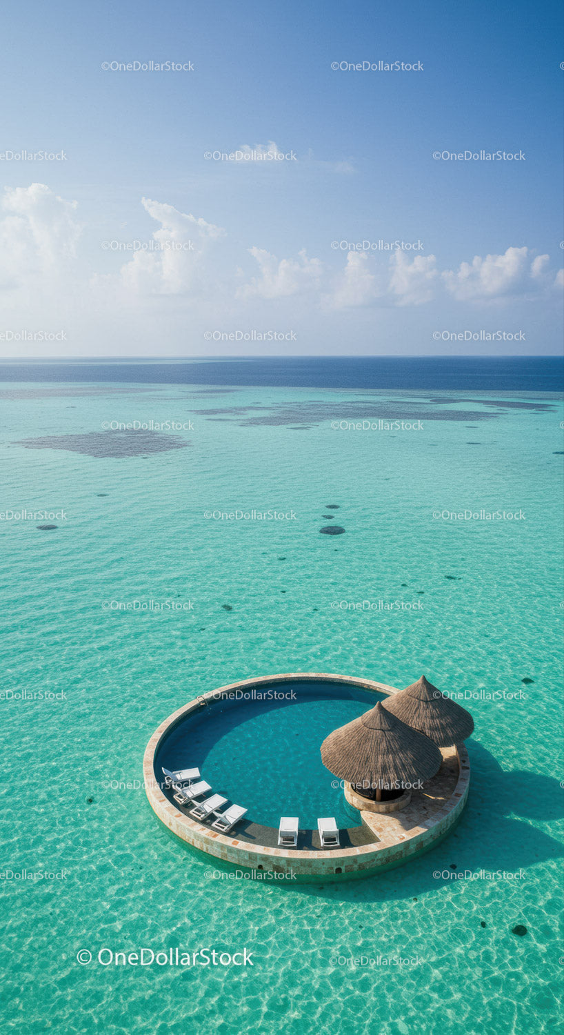 Overwater Infinity Pool with Thatched Roof Bungalows and Clear Turquoise Water