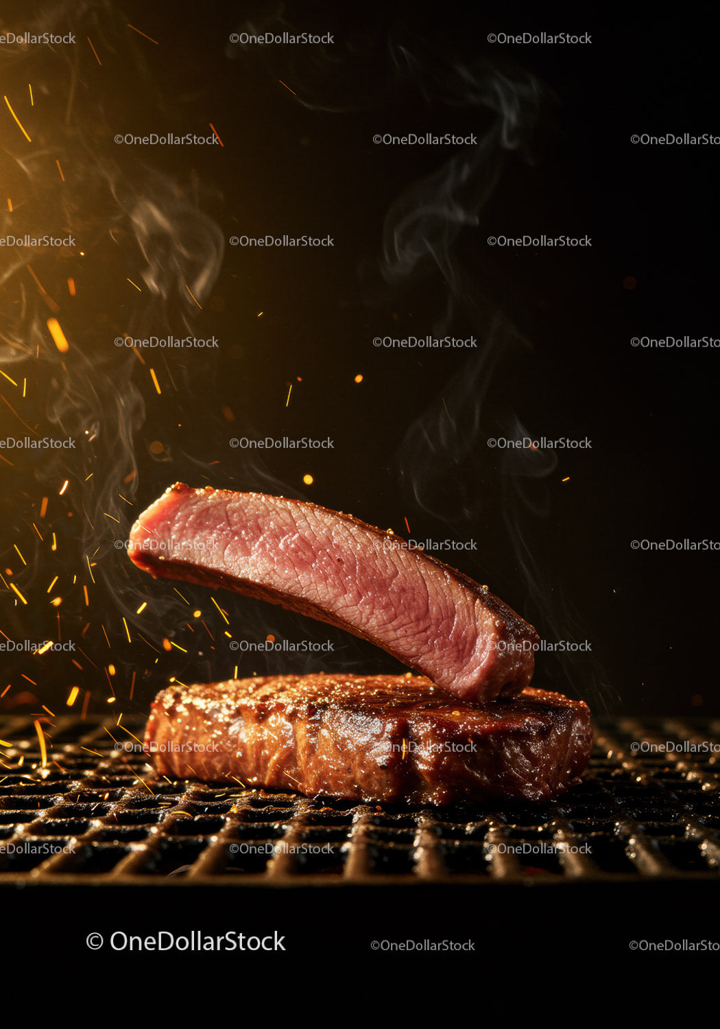Soczysty kawałek steku skwierczący na gorącym grillu z iskrami
