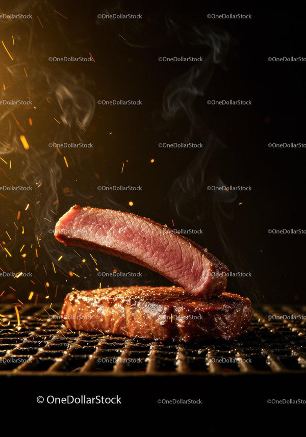 Juicy steak slice sizzling on hot grill with sparks