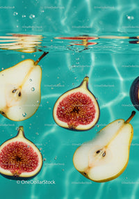 Fresh fig and pear slices floating in clear water