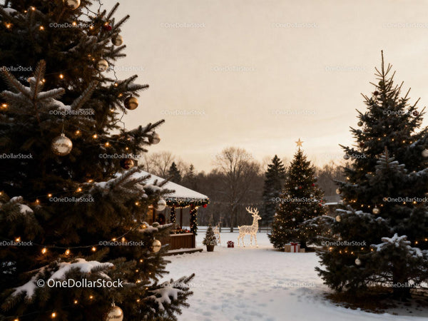 Snowy Christmas scene with decorated trees and illuminated deer