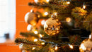 Golden Christmas ornament reflecting cozy living room scene