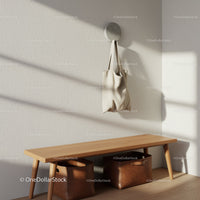 Minimalist Interior Scene with Wooden Bench and Leather Storage Bins