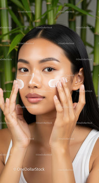 Asian Woman Applying Face Cream with Green Plants in Background