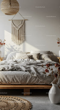 Cozy bedroom with macrame decor and natural textures